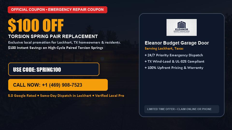 $100 OFF Dual High-Cycle Torsion Spring Replacement in Lockhart, TX - Eleanor Budget Garage Door