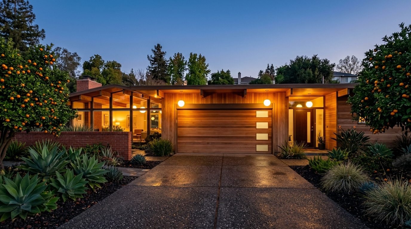 Eleanor Budget Garage Door Exterior Closed Garage Door at Twilight